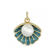 Metallo TQ in ottone ciondolo conchiglia con perla oro-turchese blu-bianco