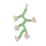 Pendenti con perline di vetro fiore verde trasparente-rosa chiaro AB effetto perlato-giallo