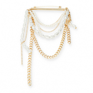 Broches accattivanti barra con catena e perle oro-bianco