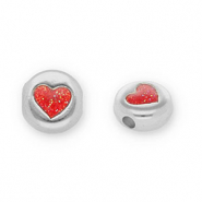 Perline di metallo DQ tonda con cuore argento antico-glitterato rosso (privo di nichel)