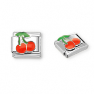 Link-tessera per bracciale italiano con ciondoli in acciaio inossidabile ciliegie argento-rosso-verde