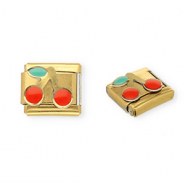 Link-tessera per bracciale italiano con ciondoli in acciaio inossidabile ciliegie oro-rosso-verde