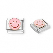 Link-tessera per bracciale italiano con ciondoli in acciaio inossidabile smiley argento-rosa chiaro-viola