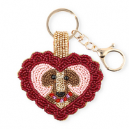 Portachiavi cuore con cane oro-rosso scuro rivestimento argentato-rosa chiaro-marrone