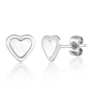 Orecchini in acciaio inossidabile cuore argento-bianco perlato