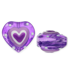 Perline di vetro cuore viola-bianco
