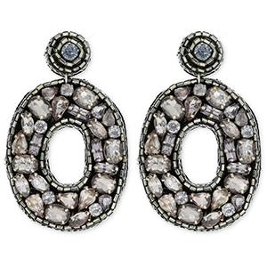 Orecchini alla moda con perline di vetro ovale nero-argento-blu chiaro