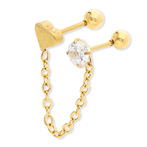 Piercing all'orecchio in acciaio inossidabile cuore con catena & strass oro-cristallo
