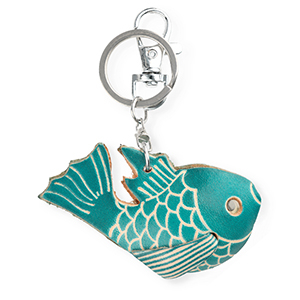 Portachiavi in pelle pesce blu ciano scuro-beige sabbia