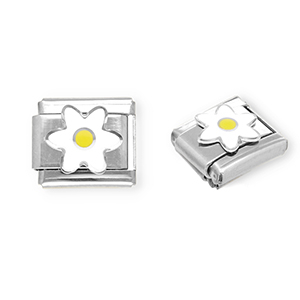 Link-tessera per bracciale italiano con ciondoli in acciaio inossidabile fiore argento-bianco-giallo