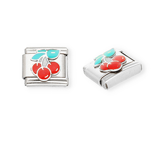 Link-tessera per bracciale italiano con ciondoli in acciaio inossidabile ciliegie argento-rosso-verde