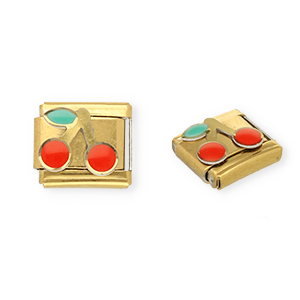 Link-tessera per bracciale italiano con ciondoli in acciaio inossidabile ciliegie oro-rosso-verde