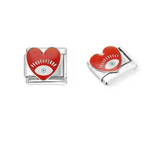 Link-tessera per bracciale italiano con ciondoli in acciaio inossidabile cuore Occhio della Provvidenza argento-rosso scuro-bianco