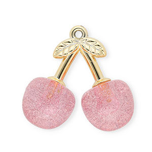 Ciondoli in acrilico ciliegie oro-rosa chiaro glitterato