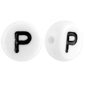Perline alfabeto in acrilico con disegno lettera P bianco